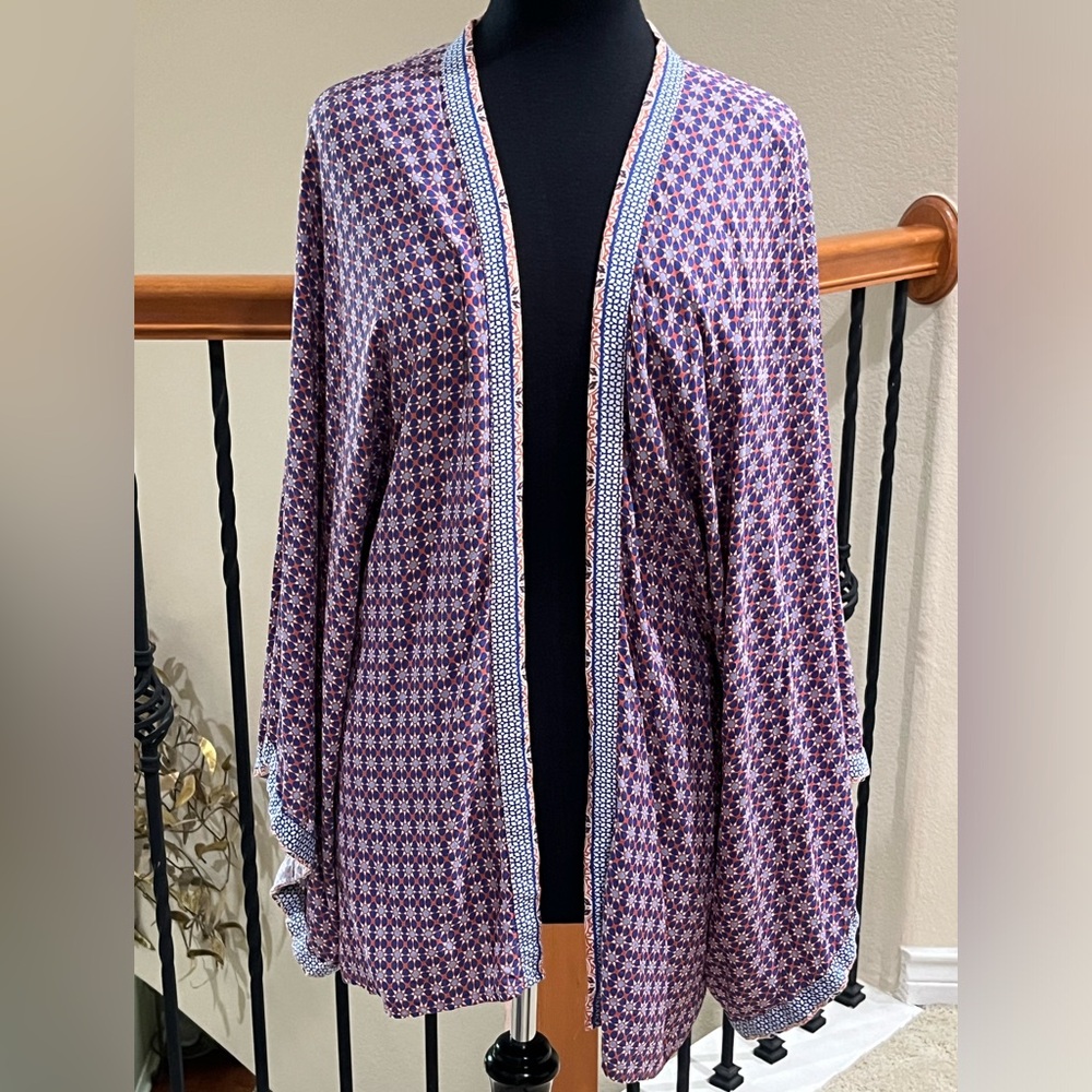 SIM & SAM Printed Kimono-Style Duster in Navy and Rust WOMEN SIZE L/XL